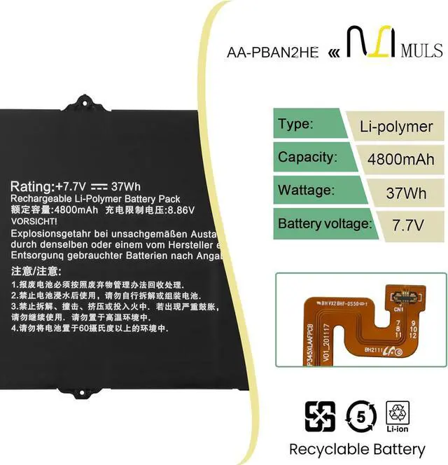 Alt view image 2 of 7 - MULS AA-PBAN2HE Laptop Battery Replacement for Samsung Galaxy Book Go 340XDA NP340XLA XE340XDA-KA3US-RB XE340XDA-KA1US XE340XDA-KA3 XE340xda-ka1it Series 4800mAh 37Wh 7.7V