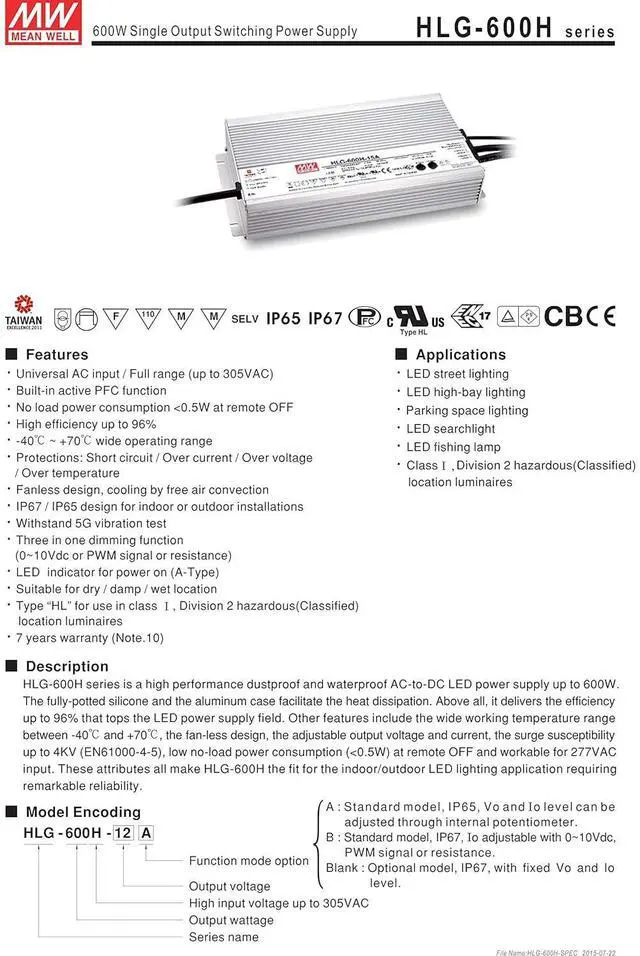 Alt view image 2 of 7 - HLG-600H-48B AC/DC LED Power Supply 600W Single 10-Pin