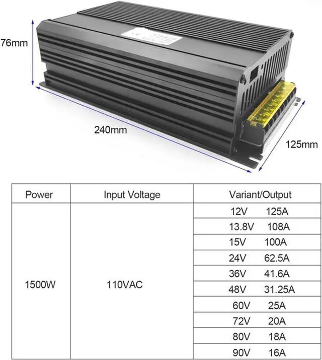 Alt view image 2 of 6 - 1500W Switching Power Supply AC DC 12V 13.8V 15V 24V 36V 48V 60V 72V 80V 90V Transformer Driver Adapter for Industrial Field for RV, Car, Computer, Lab(15V 100A)
