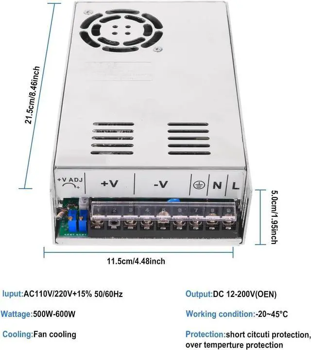 Alt view image 4 of 6 - Adjustable 500W 600W Switching Power Supply DC 0-12V 15V 24V 30V 36V 48V 60V 72V 85V 90V 150V 200V Ac To Dc LED Industrial Power for Computer Lab, LED Strip Light and So on(0-80VDC,600W)