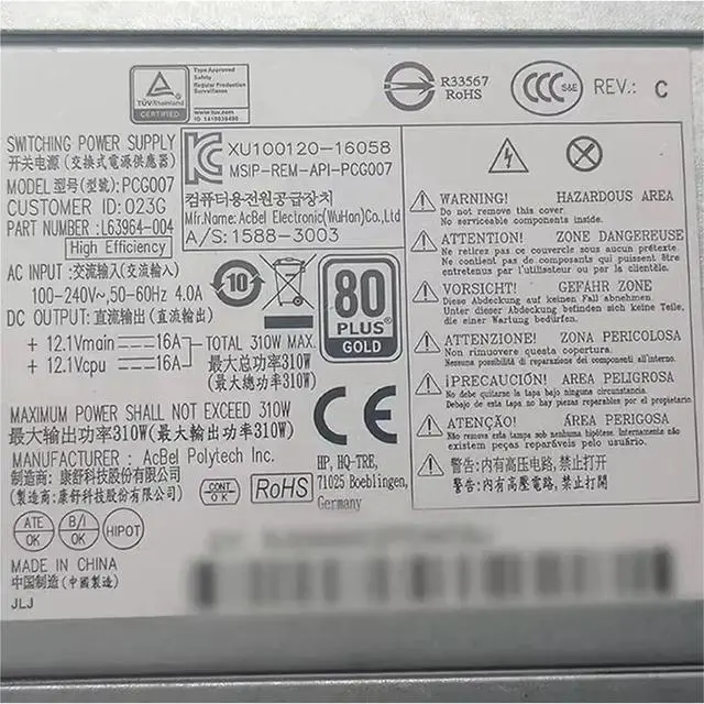 Alt view image 2 of 6 - L63964-004 310W for PCG007 M01-F TP01 400G4 282G3 Power Supply Replacement Parts