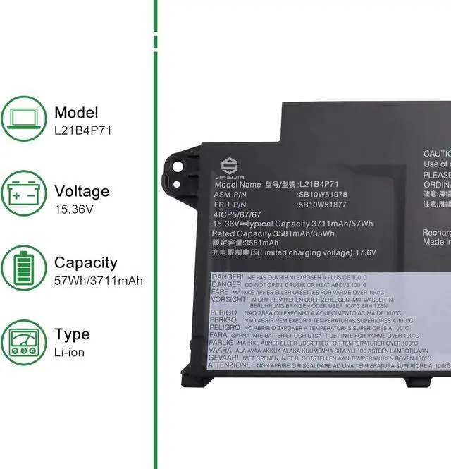 Alt view image 2 of 5 - L21B4P71 SB10W51978 5B10W51877 Laptop Battery Replacement for Lenovo ThinkPad T14s Gen 3 2022 Gen 4 2023 Series SB11M89834 5B11M90033 L21M4P75 SB10W51976 L21L4P73 L21D4P74 15.36V 57Wh
