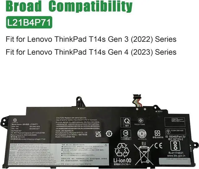 Alt view image 4 of 5 - L21B4P71 SB10W51978 5B10W51877 Laptop Battery Replacement for Lenovo ThinkPad T14s Gen 3 2022 Gen 4 2023 Series SB11M89834 5B11M90033 L21M4P75 SB10W51976 L21L4P73 L21D4P74 15.36V 57Wh