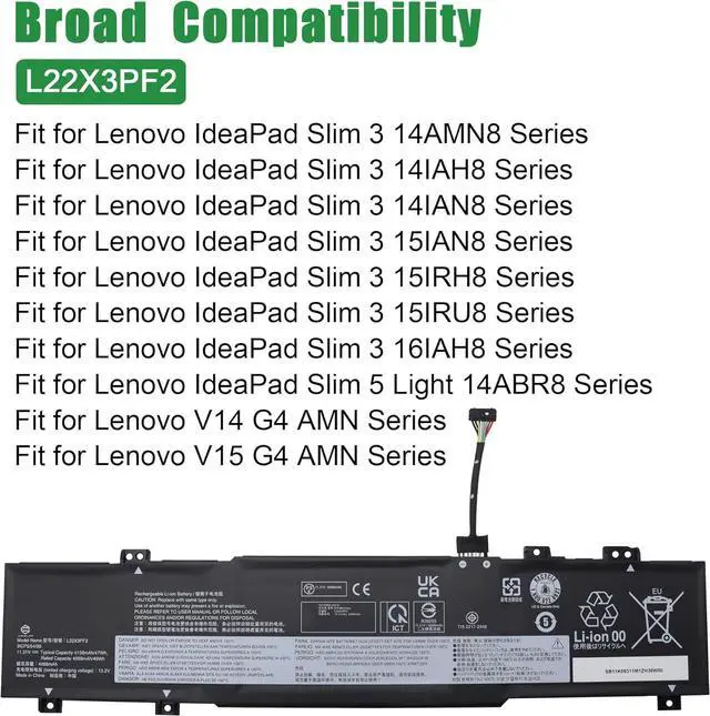 Alt view image 5 of 6 - L22X3PF2 Laptop Battery Replacement for Lenovo V14 V15 G4 AMN IdeaPad Slim 3 14AMN8 Slim 5 Light 14ABR8 Series SB11K09311 5B11K09312 5B11N45310 L22B3PF2 L22D3PF2 L22M3PF2 L22C3PF2 11.31V 47Wh