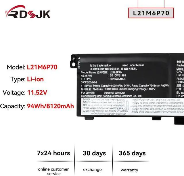Alt view image 2 of 7 - L21M6P70 L21L6P70 L21C6P70 L21D6P70 Laptop Battery for Lenovo ThinkPad P16 1st Gen 2022 Series 5B10W51893 5B10W51894 SB10W51994 SB10W51995 SB10W51894 3ICP5/54/90-2 11.52V 94Wh 8120mAh