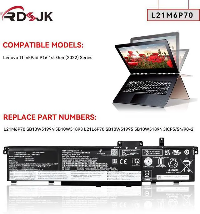 Alt view image 3 of 7 - L21M6P70 L21L6P70 L21C6P70 L21D6P70 Laptop Battery for Lenovo ThinkPad P16 1st Gen 2022 Series 5B10W51893 5B10W51894 SB10W51994 SB10W51995 SB10W51894 3ICP5/54/90-2 11.52V 94Wh 8120mAh