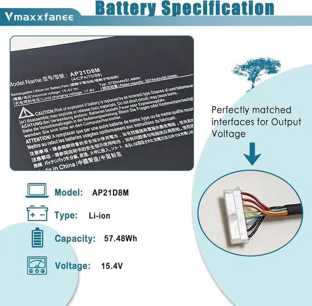 Alt view image 2 of 7 - 57.48Wh AP21D8M Laptop Battery Replacement for Acer Nitro 5 AN515-47 AN515-46 AN515-58 AN515-58-766R AN515-58-56CL AN515-58-72QR,Nitro V 15 ANV15-51,Nitro 16 AN16-51 AN16-51-74BV Series
