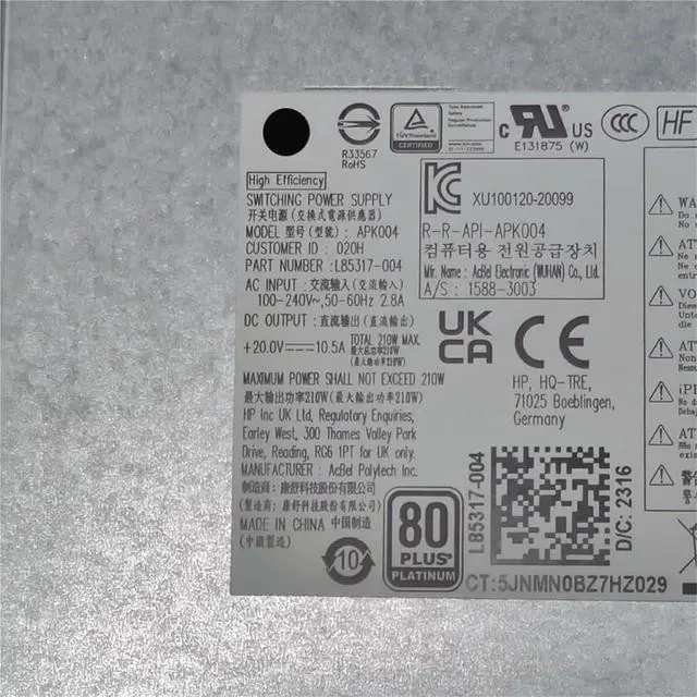 Alt view image 6 of 6 - 1pc 210W Power Supply for 800 G6 AIO PSU APK004 PA-1211-1 L85317-004 L85317-001