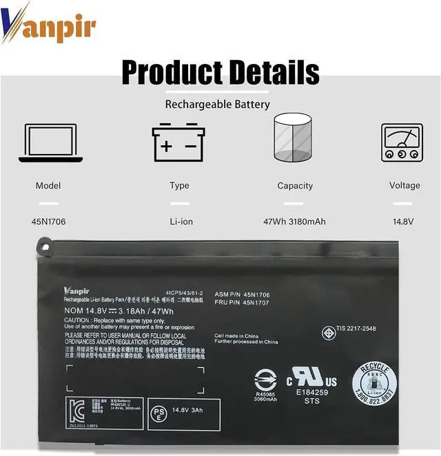 Alt view image 2 of 7 - 45N1706 Laptop Battery 14.8V 47Wh 3180mAh Replacement for Lenovo ThinkPad S1 Yoga 12 12.5" inch Series Notebook 45N1707 45N1704 45N1705