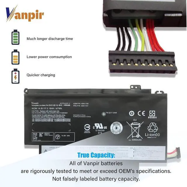 Alt view image 3 of 7 - 45N1706 Laptop Battery 14.8V 47Wh 3180mAh Replacement for Lenovo ThinkPad S1 Yoga 12 12.5" inch Series Notebook 45N1707 45N1704 45N1705