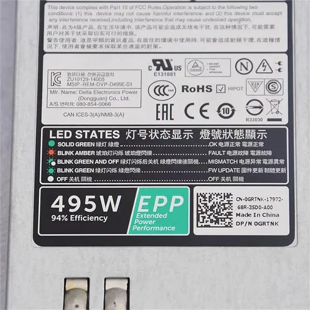 Alt view image 3 of 6 - 1Pcs 495W PSU for R530 R630 R730 R730XD T430 T630 Power Supply D495E-S0 D495E-S1 F495E-S0 02FR04 0N24MJ 09338D