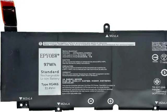 Alt view image 2 of 5 - XG4K6 Laptop Battery 97Wh 11.4V Compatible with Dell XPS 9700 9710 9720 9730 / Precision 5750 5760 5770 Series 001RR3 0F8CPG OF8CPG 5XJ6R KVPMY 0YY3V KRDHV 3ICP7/54/65-2