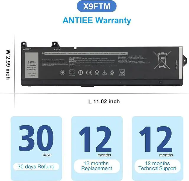 Alt view image 7 of 7 - 93Wh X9FTM Laptop Battery for Dell Precision 7670 7680 7770 7780 Mobile Workstation Series P114F P114F001 P114F002 P115F P115F001 P115F002 5JMD8 965V4 05JMD8 0965V4 0X9FTM 11.55V 6-Cell Battery
