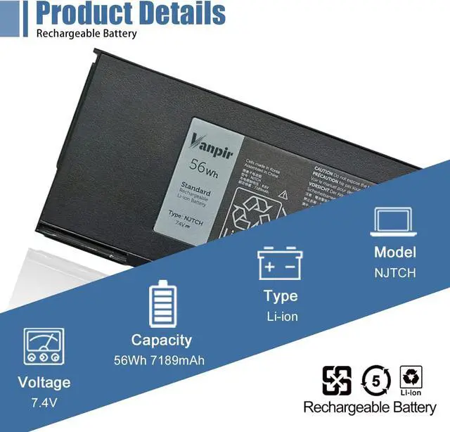Alt view image 2 of 7 - NJTCH Laptop Battery Replacement for Dell Latitude 12 Rugged Extreme 7214 7204 Series Notebook 3NVTG VD0FX 8G8GJ 03NVTG 451-BBJJ 7.4V 56Wh 7189mAh
