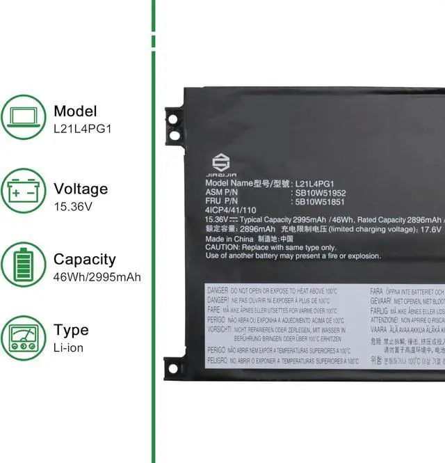 Alt view image 2 of 5 - L21L4PG1 Laptop Battery Replacement for Lenovo ThinkPad L13 Gen 3 2022 Gen 4 2023 Gen 5 2024 X1 Carbon 12th Gen 2024 Series SB10W51952 5B10W51851 L21C4PG1 L21M4PG1 L21D4PG1 15.36V 46Wh
