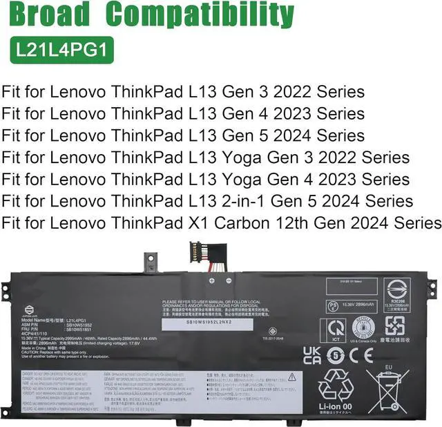 Alt view image 4 of 5 - L21L4PG1 Laptop Battery Replacement for Lenovo ThinkPad L13 Gen 3 2022 Gen 4 2023 Gen 5 2024 X1 Carbon 12th Gen 2024 Series SB10W51952 5B10W51851 L21C4PG1 L21M4PG1 L21D4PG1 15.36V 46Wh