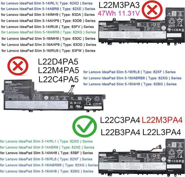 Alt view image 2 of 6 - L22M3PA4 Laptop Battery 56.6Wh 4914mAh 3-Cell 11.52V Compatible with Lenovo IdeaPad Slim 5-14ABR8 5-14IAH8 5-14IRL8 5-16ABR8 5-16IAH8 5-16IRL8 Series L22C3PA4 L22B3PA4 L22L3PA4
