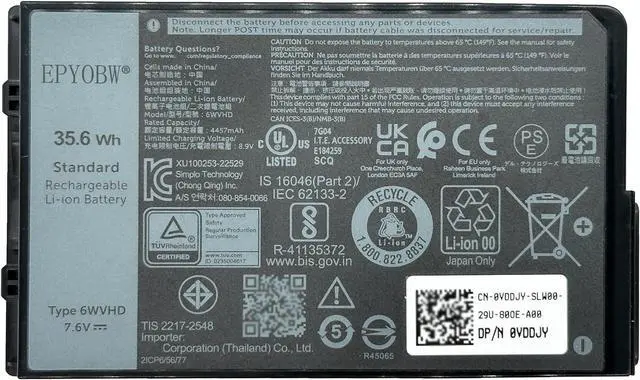 Main image of 6WVHD Laptop Battery 35.6Wh 4457mAh 4-Cell 7.6V Compatible with DELL Latitude 7230 Rugged Extreme Tablet / T06H T06H001 Series FNW8F 0VDDJY VDDJY 0JM6CX JM6CX 451-BDDY