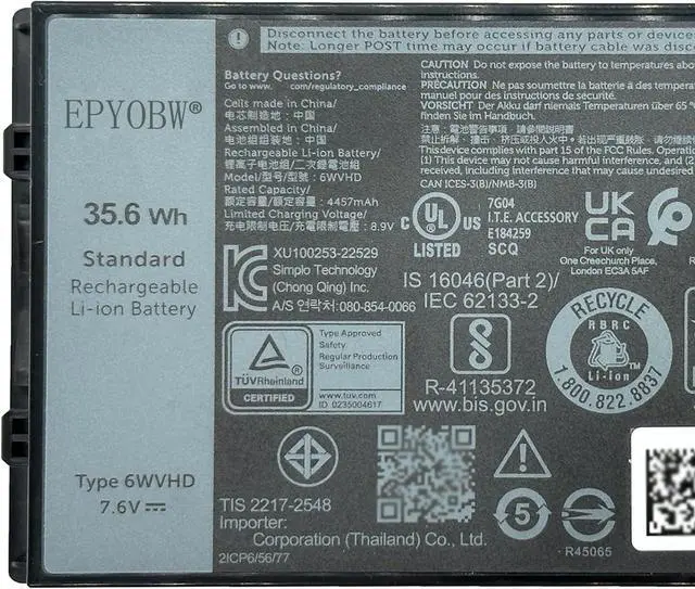 Alt view image 2 of 5 - 6WVHD Laptop Battery 35.6Wh 4457mAh 4-Cell 7.6V Compatible with DELL Latitude 7230 Rugged Extreme Tablet / T06H T06H001 Series FNW8F 0VDDJY VDDJY 0JM6CX JM6CX 451-BDDY