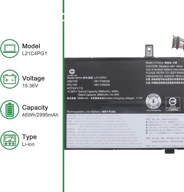 Alt view image 2 of 5 - L21C4PG1 Laptop Battery Replacement for Lenovo ThinkPad L13 Gen 3 2022 Gen 4 2023 Gen 5 2024 X1 Carbon 12th Gen 2024 Series SB11H56236 5B11H56335 L21M4PG1 L21L4PG1 L21D4PG1 15.36V 46Wh