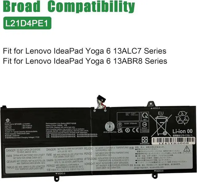 Alt view image 5 of 6 - L21D4PE1 SB11F29418 5B11F29421 Laptop Battery Replacement for Lenovo IdeaPad Yoga 6 13ALC7 13ABR8 Series 5B11N47462 L21C4PE2 SB11F29412 L21M4PE2 15.52V 59Wh