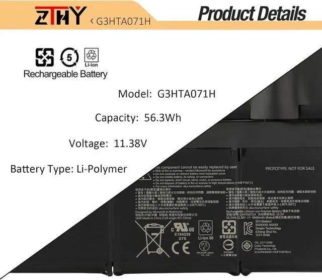 Alt view image 3 of 7 - ZTHY G3HTA071H G3HTA072H Laptop Battery Replacement for Microsoft Surface Laptop Studio 1 / Microsoft Surface Laptop Studio 1964 / Microsoft Surface Laptop Studio 1964 14.4 inch Series 11.38V 56.3Wh
