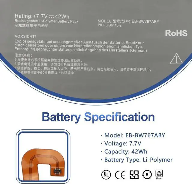 Alt view image 2 of 7 - ANTIEE EB-BW767ABY Laptop Battery Replacement for Samsung Galaxy Book S NP767XCM NP930QCG NP767XCM-K02UK NP767XCM-K02US K01DE K01US K01CA K01SE K02DE K02CA K02IT Galaxy SM-W767 42Wh 5454mAh