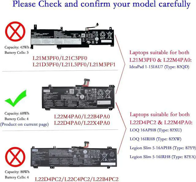 Alt view image 2 of 6 - L22X4PA0 Laptop Battery 60Wh Compatible with Lenovo LOQ 15APH8 15IRH8 16APH8 16IRH8 / IdeaPad 1-15IAU7 / Legion Slim 5-16APH8 5-16IRH8 Series L22B4PA0 L22D4PA0 L22M4PA0
