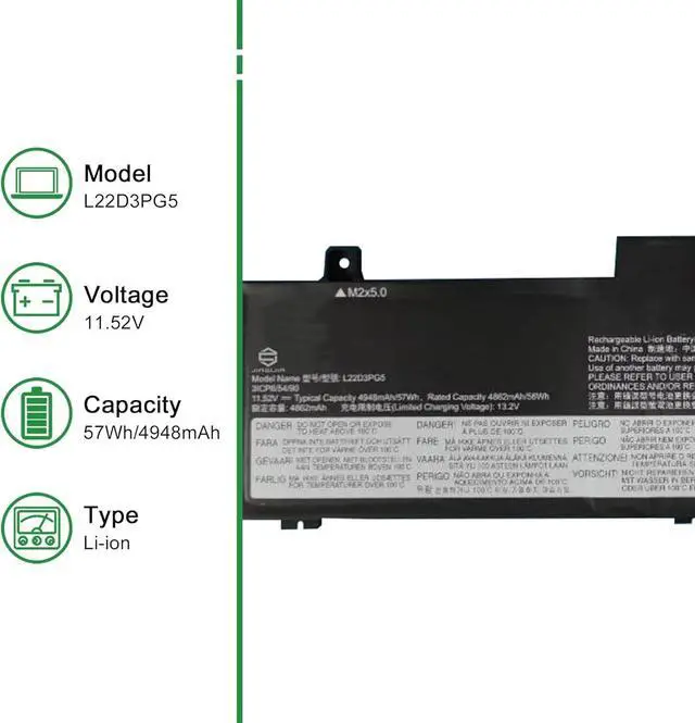 Alt view image 2 of 5 - L22D3PG5 Laptop Battery Replacement for Lenovo ThinkPad E14 Gen 5 Gen 6 E16 Gen 1 Gen 2 2023 2024 Series SB11K63031 5B11K63033 L22L3PG5 SB11K63027 5B11K63034 L22B3PG5 L22M3PG5 11.52V 57Wh