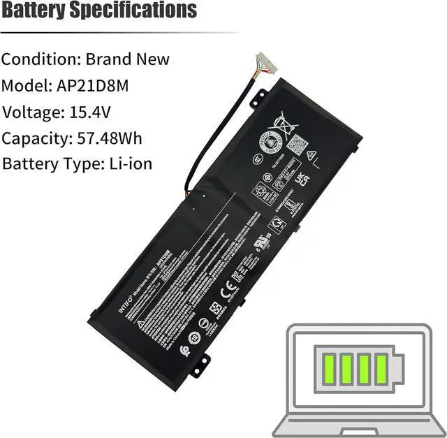 Alt view image 3 of 7 - 57.48Wh AP21D8M Laptop Battery Compatible with Acer Nitro 5 AN515-46 AN515-47 AN515-58-56CL AN515-58-766R AN515-58-72QR AN515-58-75NM Nitro V 15 ANV15-51 16 AN16-51-74BV [15.4V 3733mAh 4-Cell]