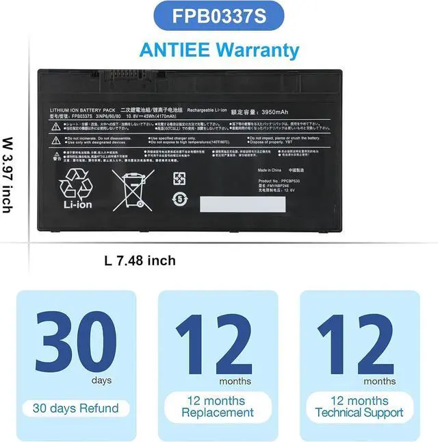 Alt view image 7 of 7 - ANTIEE FPB0337S FPCBP530 Laptop Battery for Fujitsu Lifebook P727 P728 Lifebook U727 U728 U729 U729X Series FMVNBP245 FMVNBP246 FPCBP528 CP778922-01 CP753148-01 CP796669-01 10.8V 45Wh 4170mAh