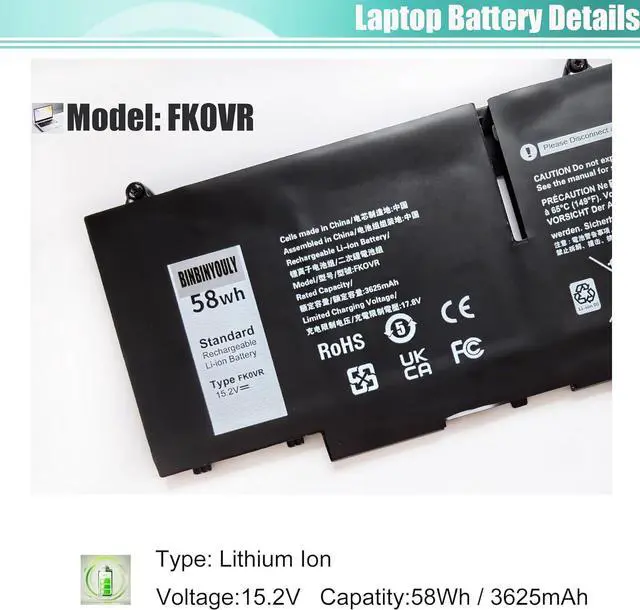 Alt view image 2 of 5 - FK0VR Battery Replacement for Dell Latitude 5330 7330 7430 7530 / Latitude 5330 2-in-1/7330 2-in-1/7430 2-in-1 / P133G P134G Series FKOVR 8H6WD 293F1 01VX5 404T8 51R71 8P81K 15.2V 58Wh