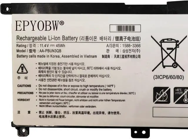 Alt view image 2 of 5 - AA-PBUN3QB Laptop Battery 45Wh 3950mAh 11.4V Compatible with Samsung NP530E5M 7 Spin NP740U3L-L02US NP740U5L NP740U3L Odyssey NP800G5M 810G5M NT500R5L Series AA-PBUN3AB 1588-3366