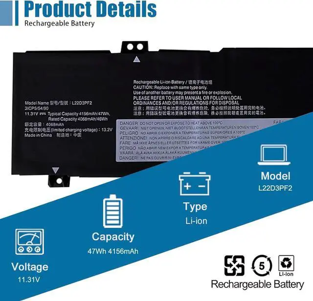 Alt view image 2 of 5 - L22D3PF2 Laptop Battery Replacement for Lenovo V14 V15 G4 AMN IdeaPad Slim 3 14AMN8 14IAH8 15IAN8 15IRU8 16IAH8 Series L22B3PF2 L22C3PF2 L22M3PF2 L22X3PF2 SB11K09308 11.31V 47Wh 4156mAh