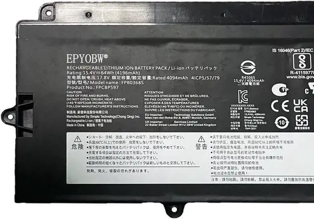 Alt view image 2 of 4 - FPB0368S Laptop Battery 64Wh 4196mAh 15.4V Compatible with FUJITSU FPCBP597 FPB0368S Laptop Series FPCBP597 CP818110-01