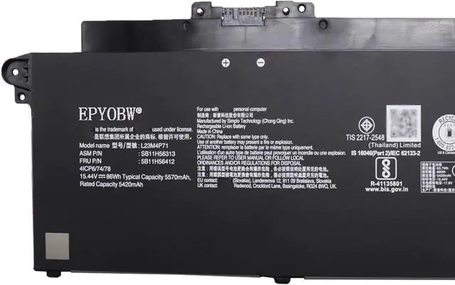 Alt view image 2 of 5 - L23M4P71 Laptop Battery 86Wh 5570mAh 15.44V Compatible with Lenovo ThinkPad T16 Gen 3 Series SB11H56313 5B11H56412 L23C4P72 SB11H56312 5B11H56411 L23C4P71 SB11H56310 5B11H56409 L23M4P70