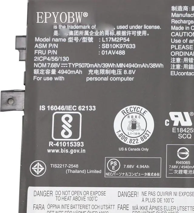Alt view image 2 of 5 - L17M2P54 Laptop Battery 39Wh 4120mAh 7.68V Compatible with Lenovo Tablet 10 Series L17M2P53 SB10K97632 01AV473 L17C2P51 SB10K97616 01AV469 L17M2P51 L17M2P52 01AV488 SB10K97633