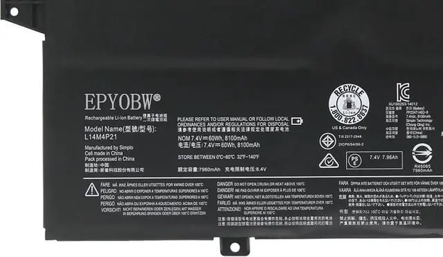 Alt view image 2 of 5 - L14M4P21 Laptop Battery 60Wh 8100mAh 7.4V Compatible with Lenovo M41-80 M41-70 K41-70 K41-80 Series L14S4P21 5B10H11759 L14S3P21 5B10H11760