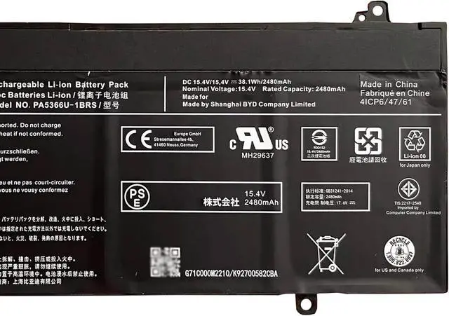 Alt view image 3 of 4 - PA5366U-1BRS Laptop Battery 38.1Wh 2480mAh 15.4V Compatible with Toshiba Dynabook Satellite Pro L50 L50-G Series 4ICP6/47/61