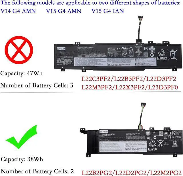 Alt view image 2 of 5 - L22B2PG2 Laptop Battery 38Wh 4948mAh 2-Cell 7.68V Compatible with Lenovo V14 G4 AMN / V15 G4 AMN / V15 G4 IAN Series L22D2PG2 L22M2PG2
