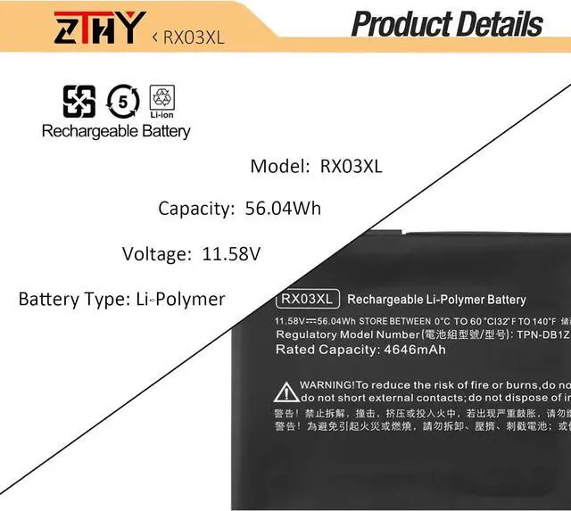 Alt view image 3 of 7 - ZTHY 56.04Wh RX03XL Laptop Battery Replacement for HP ProBook 440 445 460 465 G11 EliteBook 630 640 645 660 G11 Series HSTNN-WB0H N69453-CF1 N70706-005 TPN-IB1C N69452-171 11.58V
