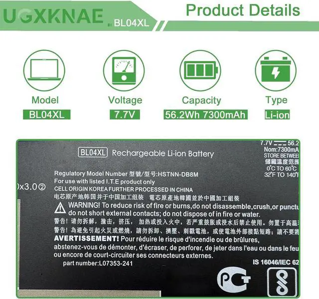 Alt view image 2 of 7 - BL04XL Laptop Battery Replacement for Hp EliteBook X360 1040 G5 X360 1040 G6 Series HSTNN-UB7N HSTNN-DB8M HSTNNUB7N L07041855 L07041-855 L07353-2C1 L07353-241 L07353-541 7.7V