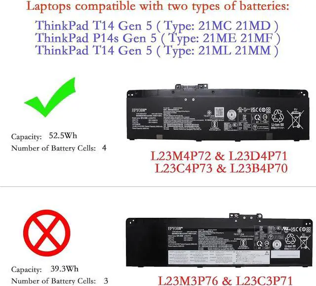 Alt view image 2 of 6 - L23M4P72 Laptop Battery 52.5Wh 3392mAh 15.48V Compatible with Lenovo ThinkPad P14s Gen 5 / T14 Gen 5 Series L23C4P73 L23B4P70 L23D4P71 L23M3P76 L23C3P71
