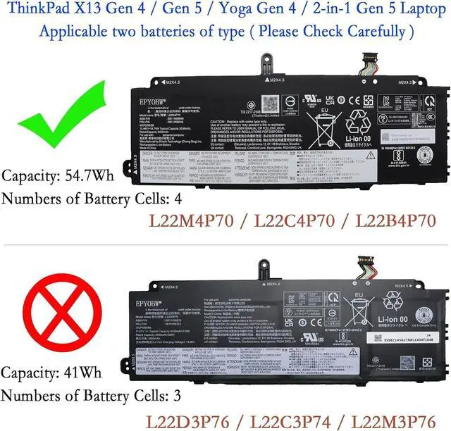 Alt view image 2 of 6 - L22C4P70 Laptop Battery 54.7Wh 3536mAh 15.48V Compatible with Lenovo ThinkPad X13 Gen 4 5 Yoga Gen 4 2-in-1 Gen 5 Series L22M4P70 SB11M89849 5B11M90048 L22B4P70 SB11M89852 5B11M90051