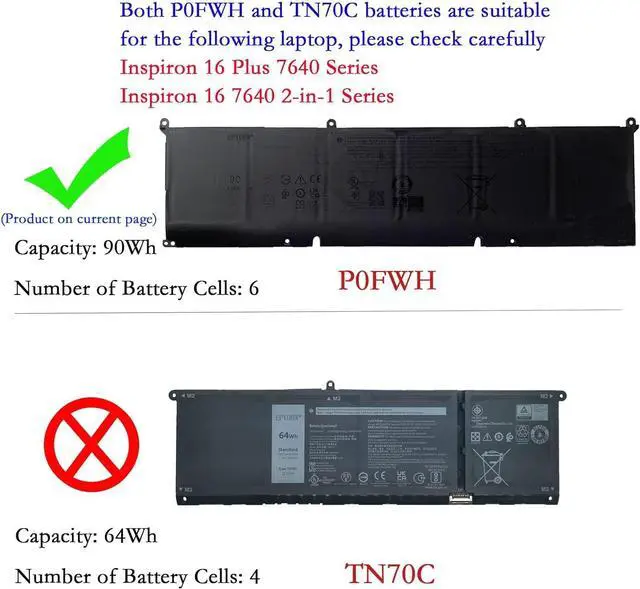 Alt view image 2 of 3 - P0FWH Laptop Battery 90Wh 7692mAh 6-Cell 11.7V Compatible with Dell Alienware m16 R2 / Inspiron 16 Plus 7640 / Inspiron 16 7640 2-in-1 Series POFWH