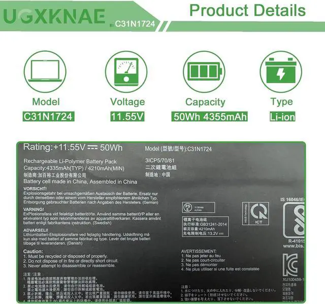 Alt view image 2 of 7 - C31N1724 Laptop Battery Replacement for Asus ZenBook 13 UX331FA U3100FAL UX331FAL UX331FAL-EG017R UX331FAL-EG028T UX331U UX331UA UX331UAL UX331UN UX461FN Series C31PQCH 0B200-02750100M 0B200-02750000