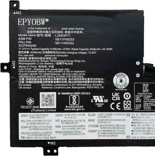 Alt view image 2 of 5 - L22M3P71 Laptop Battery 47Wh 4156mAh 3-Cell 11.31V Compatible with Lenovo 100w Gen 4 / 300w Yoga Gen 4 / 500w Yoga Gen 4 Series L22D3P71 L22C3P70