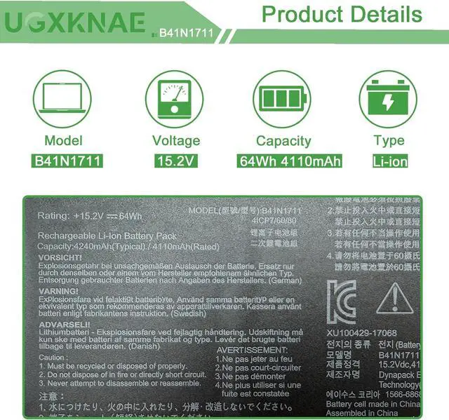 Alt view image 2 of 7 - B41N1711 Laptop Battery Replacement for Asus ROG Strix GL703GE GL503VD GL503VM ZX63V Station 17 PX705GD PX705GM TUF Gaming FX705DD FX705DU Series Notebook B41BN95 B41BN9H 15.2V (Long Cable)