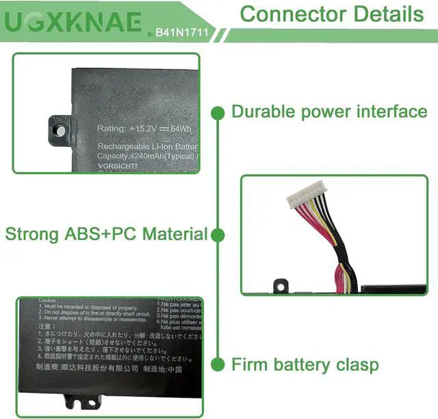 Alt view image 3 of 7 - B41N1711 Laptop Battery Replacement for Asus ROG Strix GL703GE GL503VD GL503VM ZX63V Station 17 PX705GD PX705GM TUF Gaming FX705DD FX705DU Series Notebook B41BN95 B41BN9H 15.2V (Long Cable)