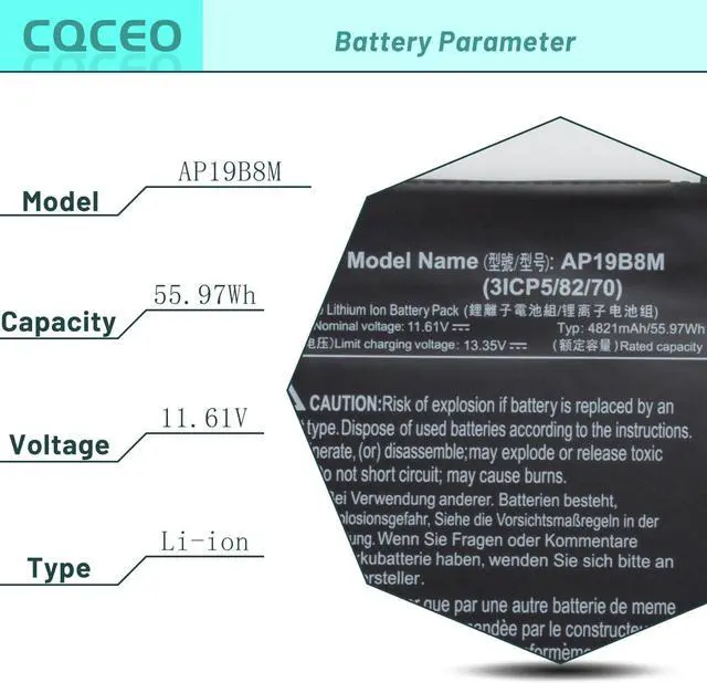 Alt view image 3 of 7 - AP19B8M Laptop Battery for Acer Swift 3 SF314-59 SF314-59-78Z8 SF314-59-56F2 TraveIMate P4 TMP414-51 Porsche Design Book RS AP714-51GT Series KT0030G024 3ICP5/82/70 11.61V / 55.97Wh / 4821mAh